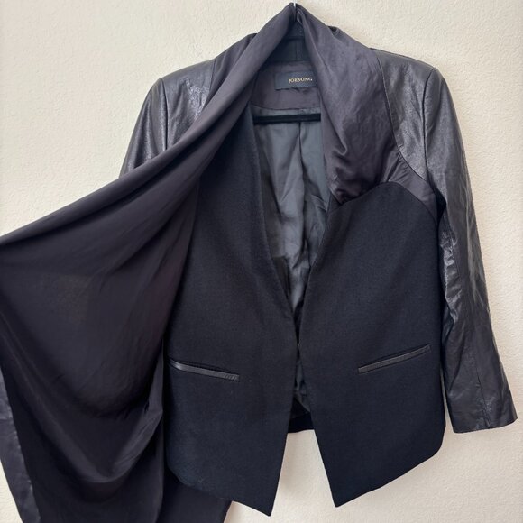 Leather Accented Satin Draped Mixed Media Modern Jacket - Picture 6 of 11
